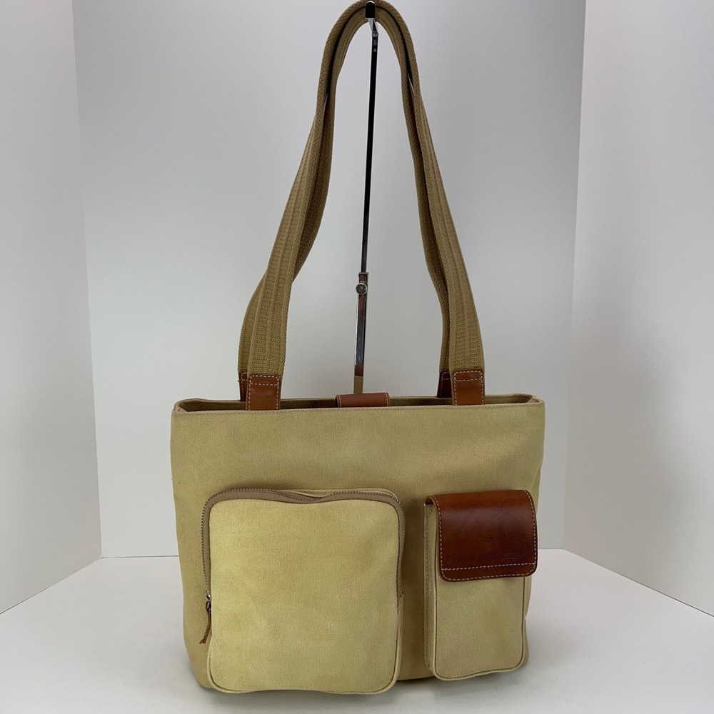 FOSSIL EXPEDITION Tote‎ Khaki Canvas Leather Trim Utility Pockets Dividers Bag